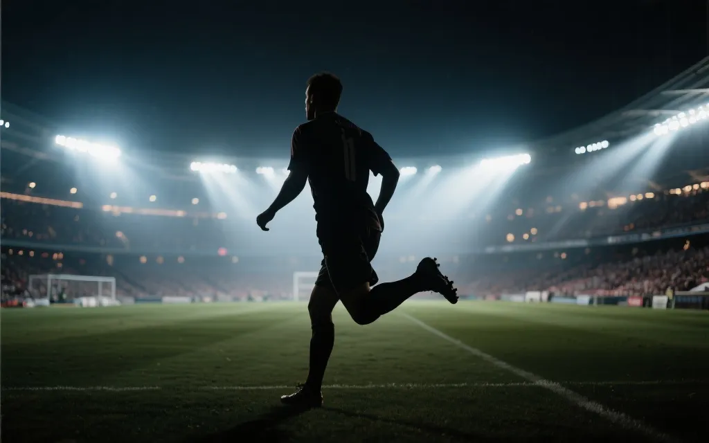 球场灯光下的球星特写剪影与观众看台，强调世界杯关键球员时刻
