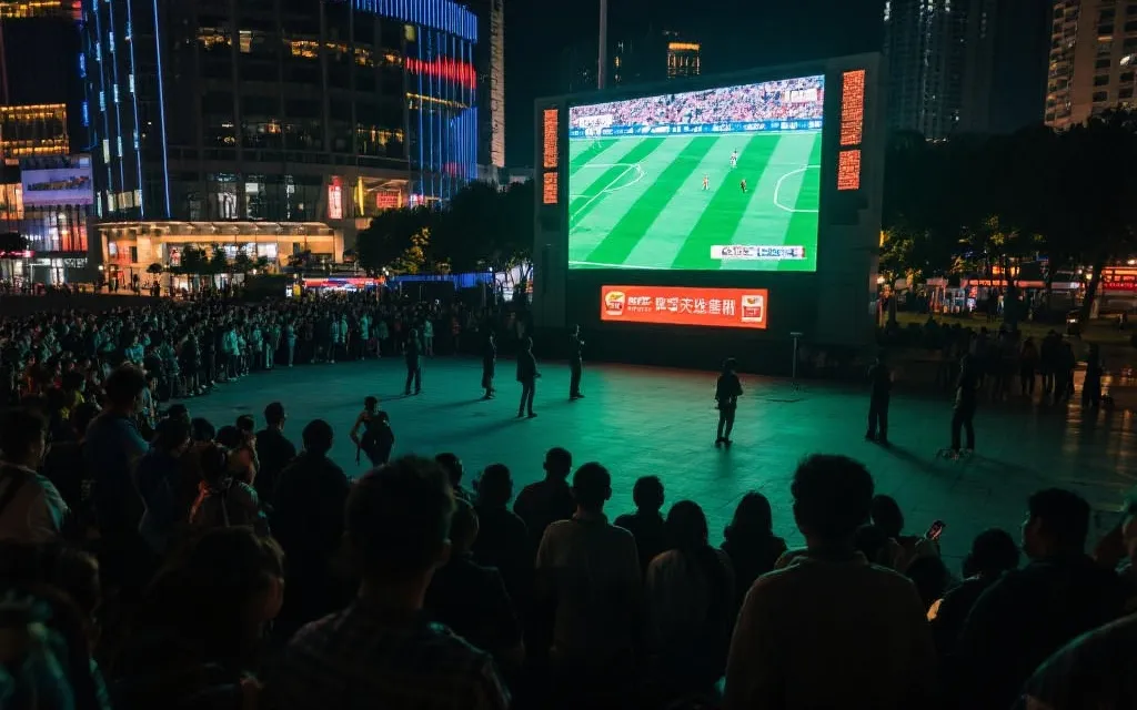 城市广场公共大屏正在直播足球比赛，人群围观，夜色与灯光交织