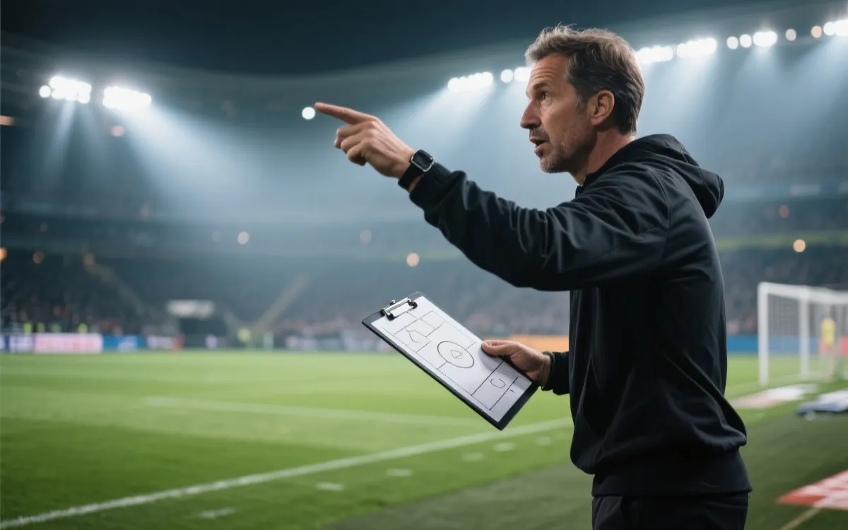 教练在场边指挥与战术板的比赛氛围图