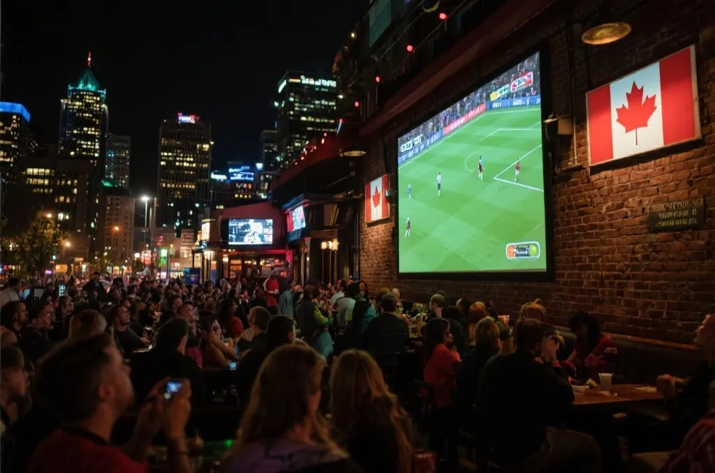 多伦多城市夜景与酒吧看球人群氛围，屏幕上展示足球直播