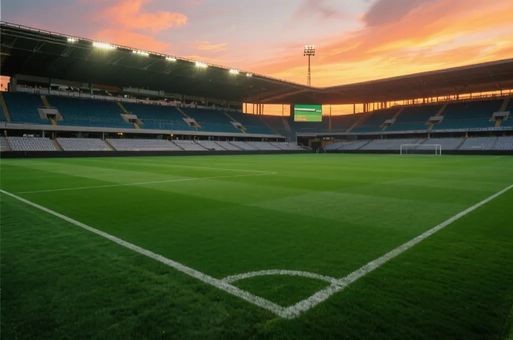 A generic modern soccer stadium field at sunset